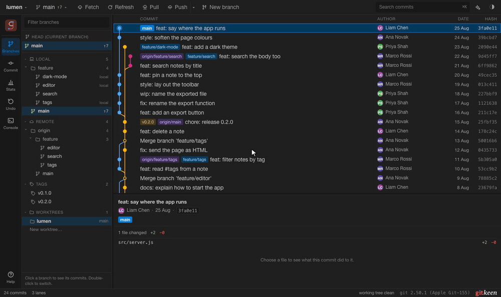 Typing git switch with suggestions for the command and the branch, then git log drawn as a small graph