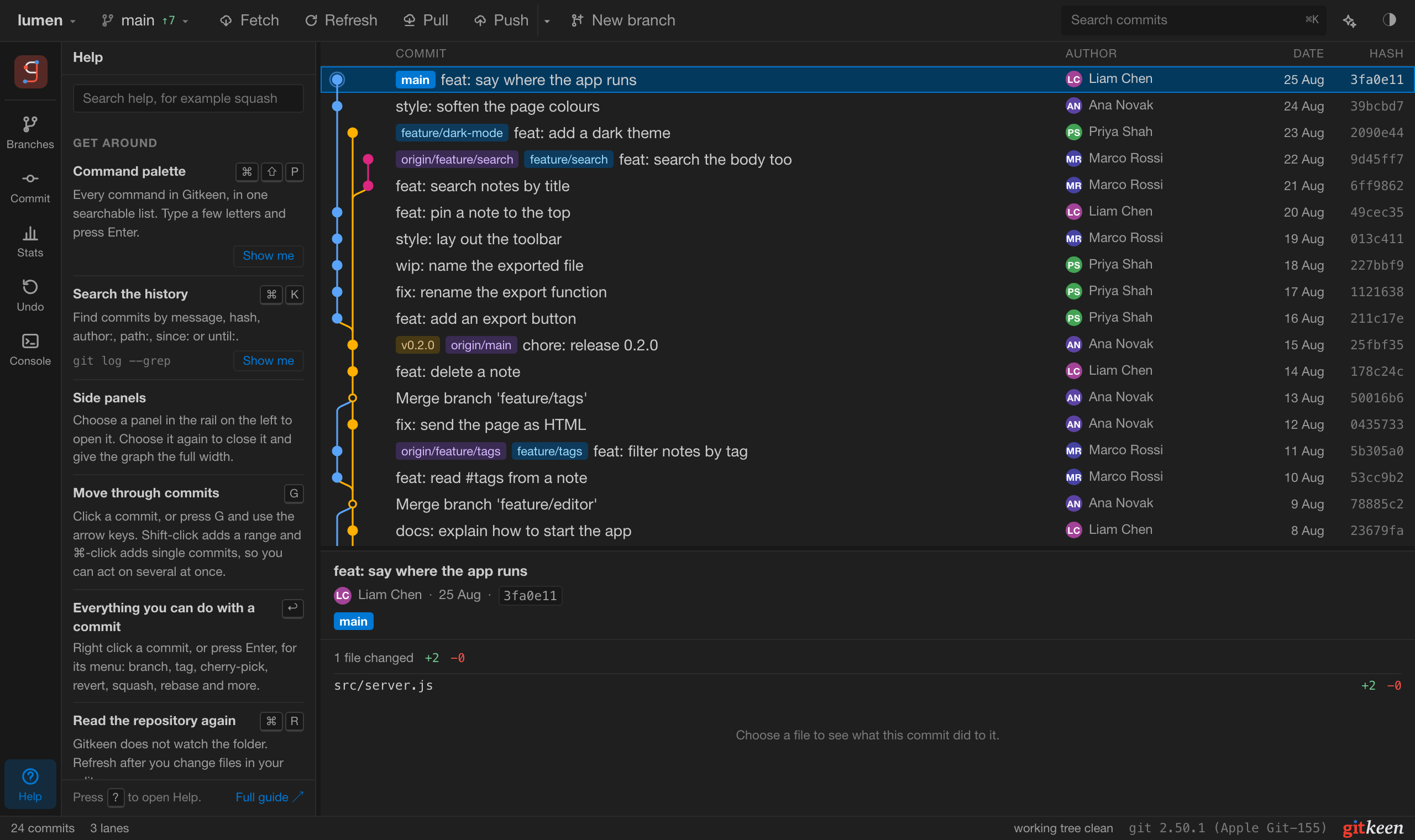 The Help panel, with entries grouped by task and their shortcuts