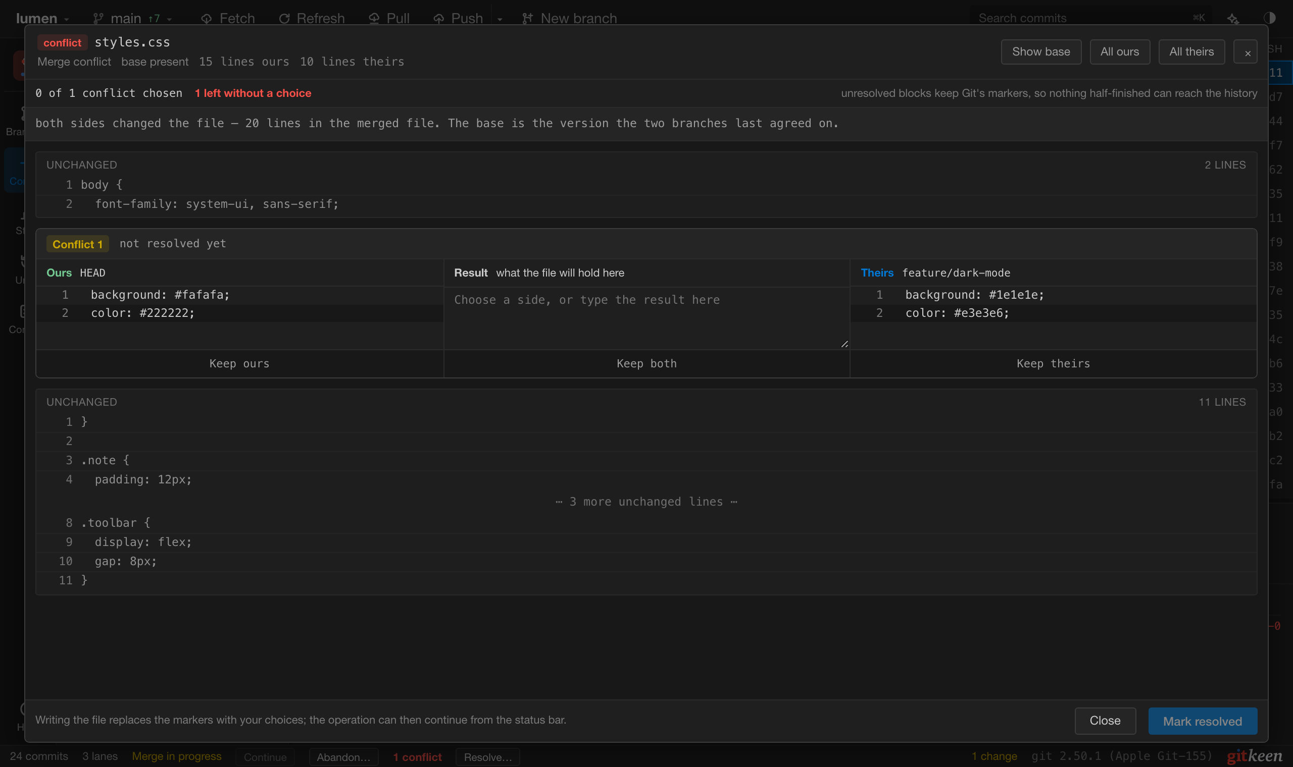 The merge editor with one conflict: ours on the left, theirs on the right, and the result in the middle