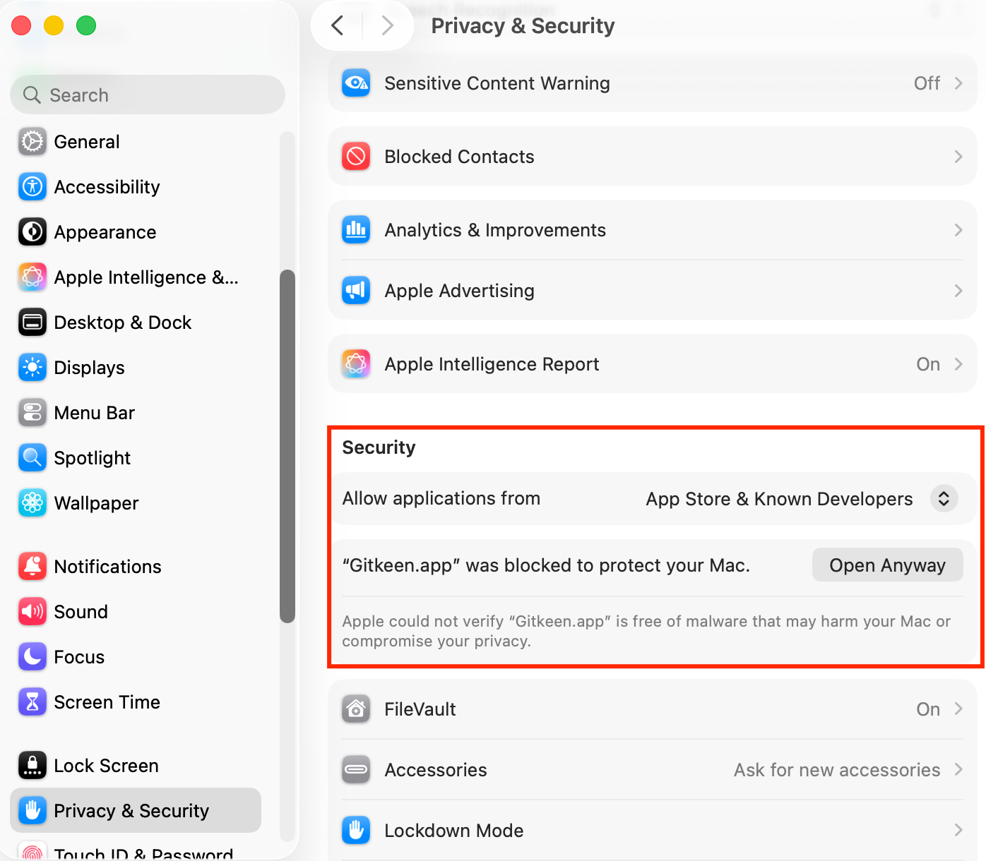 The Security section of Privacy & Security, with Open Anyway next to the message that Gitkeen.app was blocked
